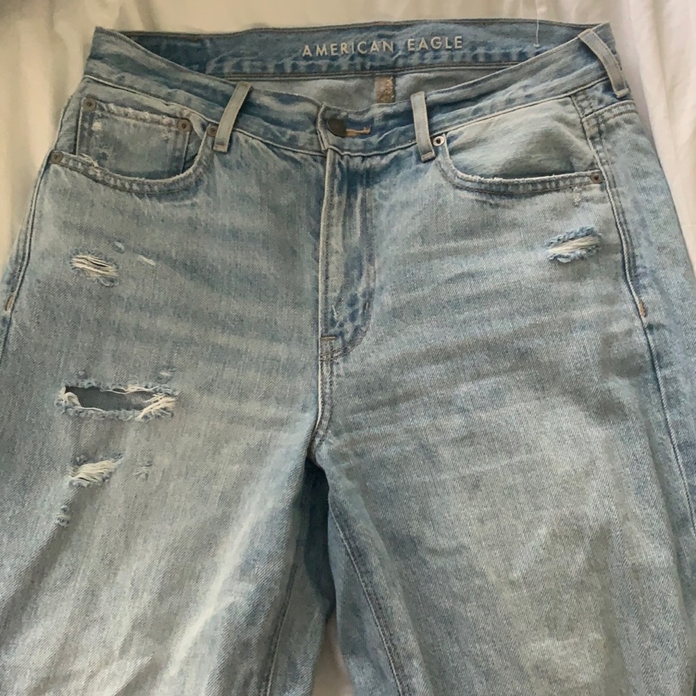 American Eagle Wide Leg Denim Jeans - Slightly Distressed with Frayed Bottoms